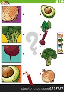 Cartoon illustration of educational matching activity with fruit and vegetables and pictures clippings