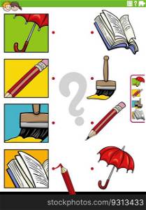 Cartoon illustration of educational matching activity with objects and pictures clippings