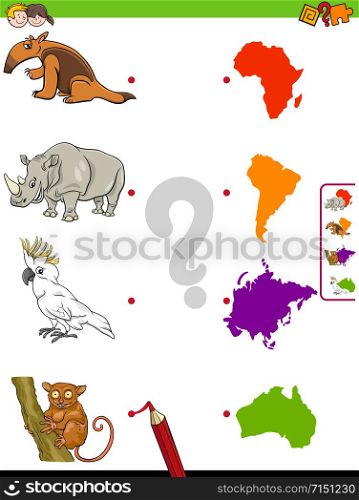 Cartoon Illustration of Educational Matching Game for Children with Animal Species Characters and Continent Shapes