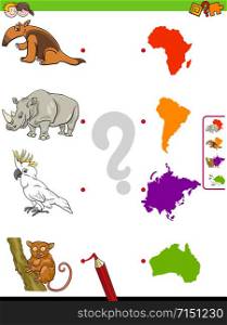 Cartoon Illustration of Educational Matching Game for Children with Animal Species Characters and Continent Shapes