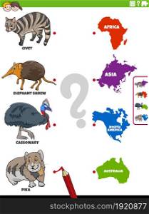 Cartoon illustration of educational matching game for children with animal species characters and continents