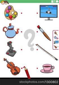 Cartoon Illustration of Educational Matching Game for Children with Objects