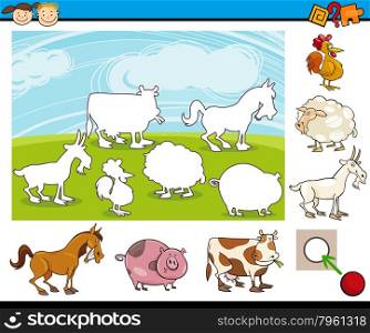 Cartoon Illustration of Educational Matching Game for Preschool Children with Farm Animal Characters