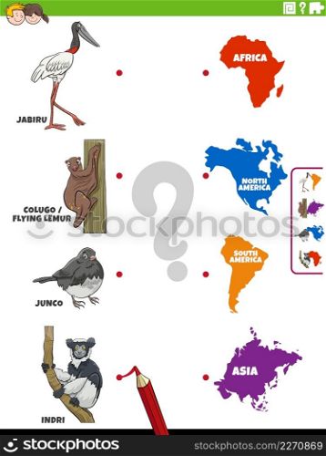 Cartoon illustration of educational matching game for with animal species characters and continents