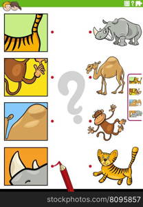 Cartoon illustration of educational matching game with animal characters and details