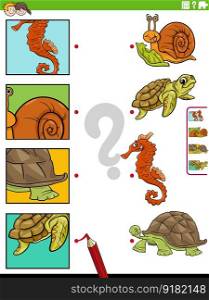 Cartoon illustration of educational matching game with animal characters and pictures clippings