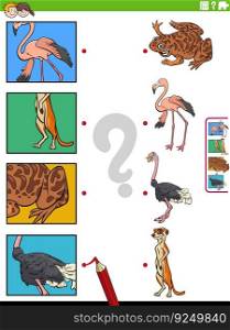 Cartoon illustration of educational matching game with animal characters and pictures clippings
