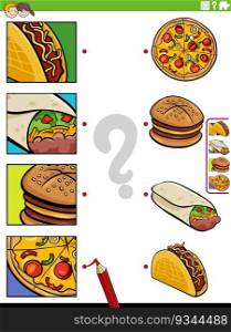 Cartoon illustration of educational matching game with dishes or food objects and pictures clippings