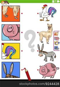 Cartoon illustration of educational matching game with farm animal characters and pictures clippings