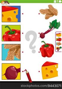 Cartoon illustration of educational matching game with food objects and pictures clippings