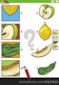 Cartoon illustration of educational matching game with fruit and vegetables and pictures clippings