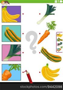 Cartoon illustration of educational matching game with fruit and vegetables food objects and pictures clippings