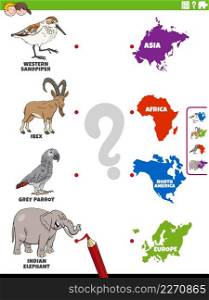Cartoon illustration of educational matching task for children with animal species characters and continents