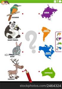 Cartoon illustration of educational matching task with animal species characters and continent shapes