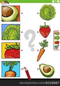 Cartoon illustration of educational matching task with fruit and vegetables and pictures clippings