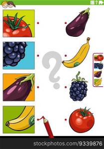 Cartoon illustration of educational matching task with fruit and vegetables and pictures clippings