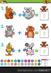 Cartoon Illustration of Educational Mathematical Addition Activity Game for Children with Animal Characters