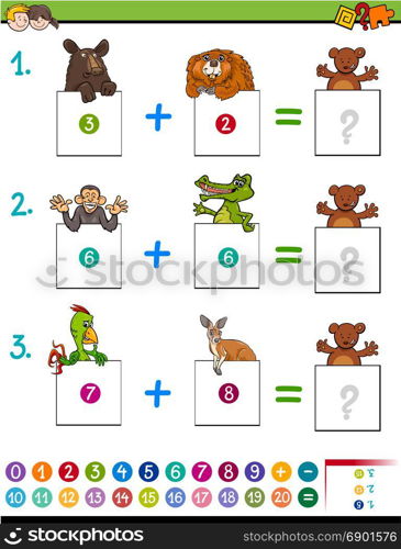 Cartoon Illustration of Educational Mathematical Addition Activity Game for Children with Wild Animal Characters