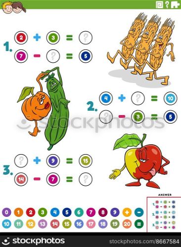 Cartoon illustration of educational mathematical addition and subtraction puzzle with comic fruit and vegetables characters