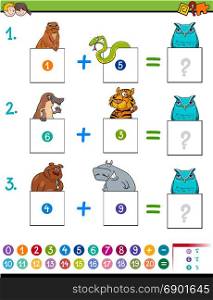 Cartoon Illustration of Educational Mathematical Addition Puzzle Game for Children with Animal Characters
