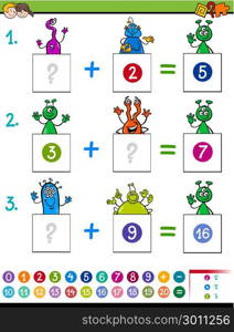 Cartoon Illustration of Educational Mathematical Addition Puzzle Game for Preschool and Elementary Age Children with Aliens Funny Characters