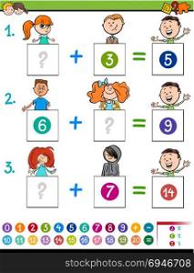 Cartoon Illustration of Educational Mathematical Addition Puzzle Game for Preschool and Elementary Age Children with Boys and Girls Characters