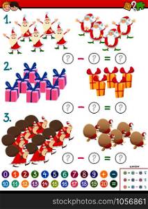 Cartoon Illustration of Educational Mathematical Addition Puzzle Task for Children with Christmas Characters