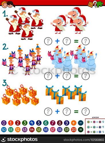 Cartoon Illustration of Educational Mathematical Addition Puzzle Task for Kids with Christmas Characters