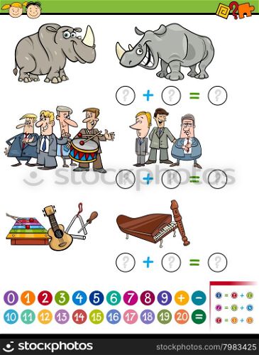 Cartoon Illustration of Educational Mathematical Addition Task for Preschool Children with Funny Characters and Objects