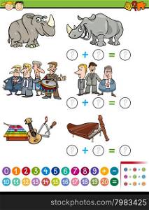 Cartoon Illustration of Educational Mathematical Addition Task for Preschool Children with Funny Characters and Objects