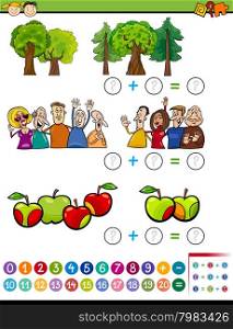 Cartoon Illustration of Educational Mathematical Addition Task for Preschoolers with Characters and Objects
