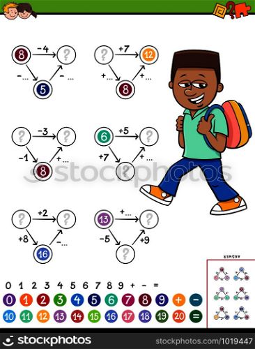 Cartoon Illustration of Educational Mathematical Calculation Diagram Task for Kids with Elementary Age Boy