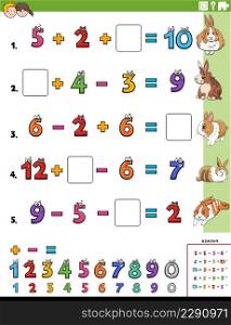 Cartoon illustration of educational mathematical calculation task worksheet for elementary school children with funny rabbits