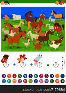 Cartoon Illustration of Educational Mathematical Counting and Addition Game for Children with Funny Farm Animal Characters