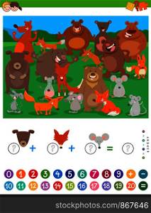 Cartoon Illustration of Educational Mathematical Counting and Addition Game for Children with Funny Wild Animal Characters