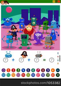 Cartoon Illustration of Educational Mathematical Counting and Addition Game for Children with Fantasy Characters
