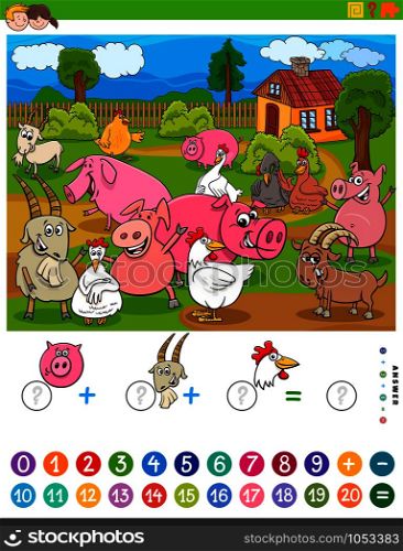 Cartoon Illustration of Educational Mathematical Counting and Addition Game for Children with Farm Animal Characters