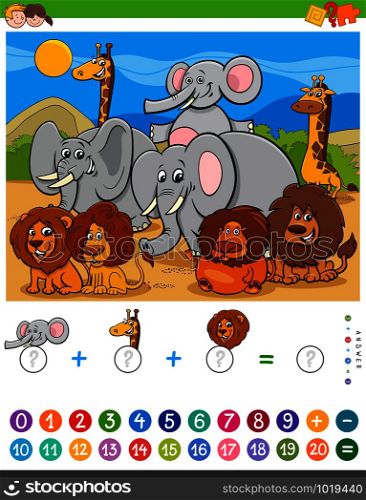Cartoon Illustration of Educational Mathematical Counting and Addition Game for Children with Wild Animal Characters