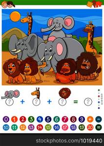 Cartoon Illustration of Educational Mathematical Counting and Addition Game for Children with Wild Animal Characters