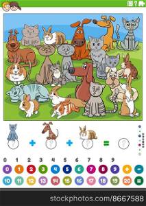 Cartoon illustration of educational mathematical counting and addition task for children with dogs, cats and rabbits