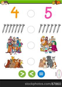 Cartoon Illustration of Educational Mathematical Game of Greater Than, Less Than or Equal to for Kids with Objects and Characters