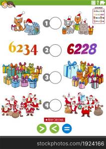 Cartoon illustration of educational mathematical puzzle game of greater than, less than or equal to for children with Christmas characters and numbers worksheet