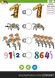 Cartoon illustration of educational mathematical puzzle game of greater than, less than or equal to for children with animal characters and numbers