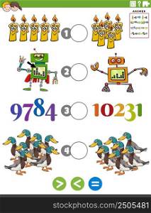 Cartoon illustration of educational mathematical puzzle game of greater than, less than or equal to for children with objects and animal characters and numbers