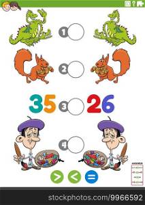 Cartoon illustration of educational mathematical puzzle game of greater than, less than or equal to for children with funny characters worksheet page