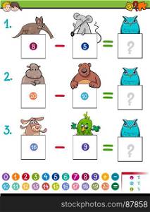 Cartoon Illustration of Educational Mathematical Subtraction Puzzle Game for Children with Animal Characters