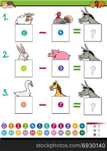Cartoon Illustration of Educational Mathematical Subtraction Puzzle Game for Preschool and Elementary Age Children with Funny Farm Animal Characters