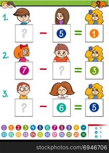 Cartoon Illustration of Educational Mathematical Subtraction Puzzle Game for Preschool and Elementary Age Children with Boys and Girls Characters