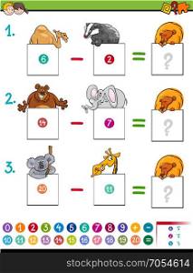 Cartoon Illustration of Educational Mathematical Subtraction Puzzle Game for Preschool and Elementary Age Children with Animal Characters