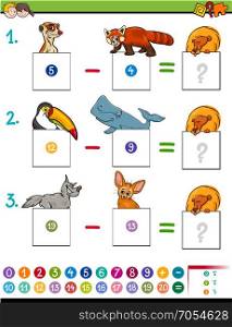 Cartoon Illustration of Educational Mathematical Subtraction Puzzle Game for Preschool and Elementary Age Children with Funny Animal Characters